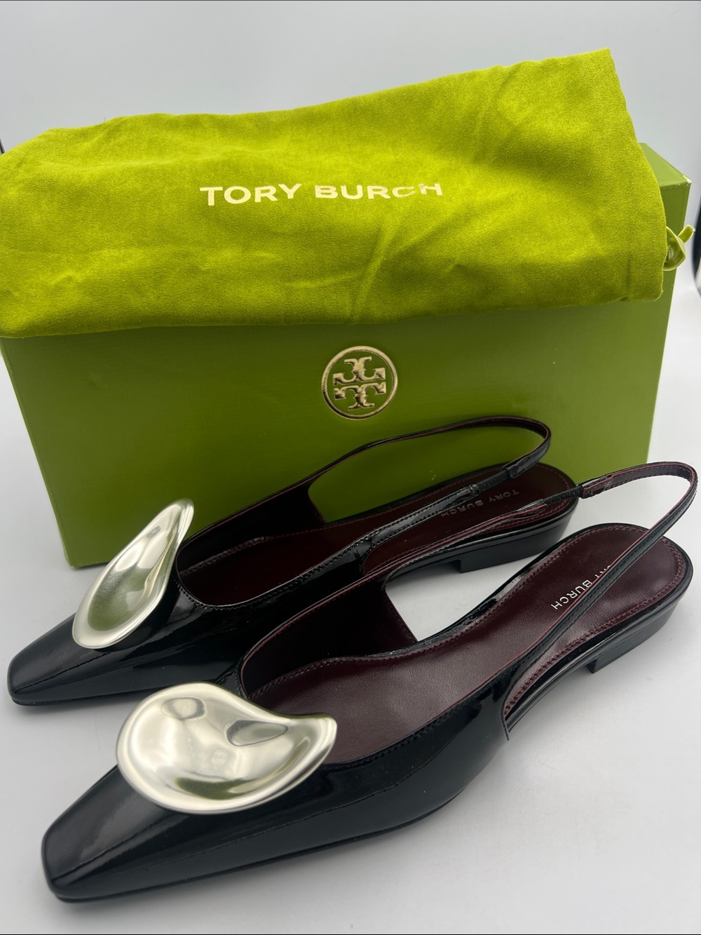 TORY BURCH Patos Leather Slingback Flats Pointed Toe Logo Women’s 7M NEW w/Box